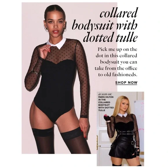 FLEUR DU MAL Polka Dot Tulle Mesh Collar Bodysuit Sheer Black White XS - Picture 14 of 14